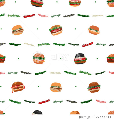 Seamless fast food pattern of burger series, cute mixed burgers with vegetables in minimal graphic illustration style, vivid colors on a transparent background. 127535844