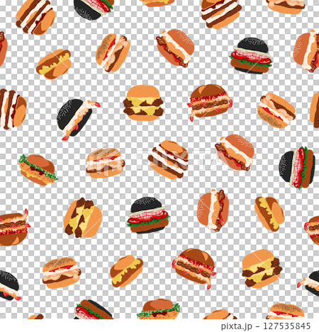 Seamless fast food pattern of burger series, cute mixed burgers in minimal graphic illustration style, vivid colors on a transparent background. 127535845
