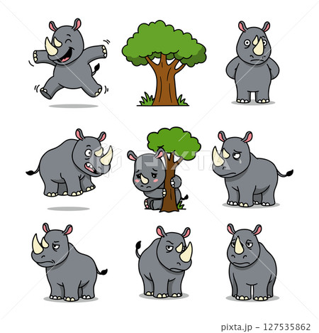 set cartoon character of funny rhino in flat style isolated on white background, vector illustration. Funny rhino in different poses 127535862