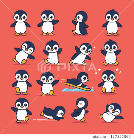 Set of cute penguin cartoon character in different poses 127535866