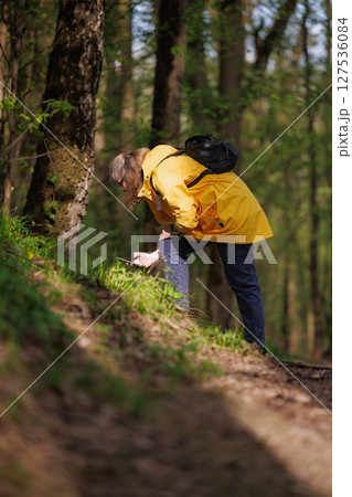 Exploring the forest trail in spring, a curious traveler inspects natures treasures in vibrant green surroundings 127536084