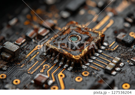 Rusty vintage microchip on old circuit board 127536204