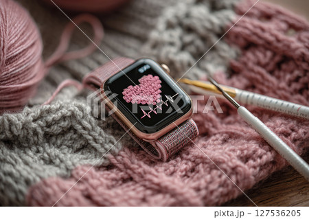 Smartwatch on knitted fabric displaying heart rate with pink heart 127536205