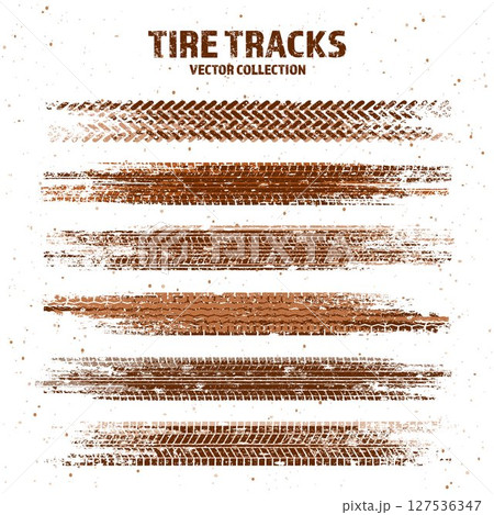 Grunge tire tracks with mud splatters, dirty wheel braking marks. Truck, car, or motorcycle tread pattern silhouettes. Perfect for off-road, motorsport, and racing designs. Vector illustration 127536347