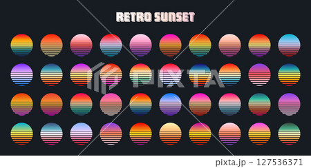Vintage colorful sunset. Striped gradient sunrise badges in 80s and 90s style. Sun and ocean view, summer vibes, surfing. Design element for print, logo or t-shirt. Vector illustration 127536371