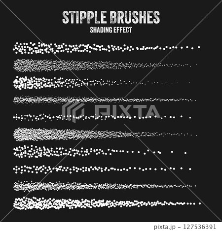 Ink scatter brush, stipple drawing and texturing. Fading gradient. Stippling, dotwork drawing, shading using dots. Halftone disintegration effect. White noise grainy texture. Vector illustration 127536391