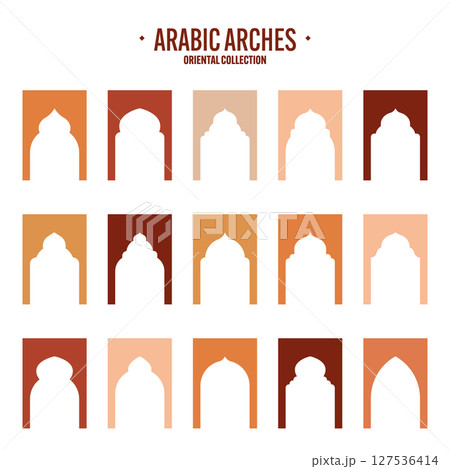 Islamic frames, oriental style objects. Arabic shapes, windows and arches. Traditional ornamental banner, frame. Muslim holidays, Ramadan Kareem. Modern eastern architecture. Vector illustration 127536414