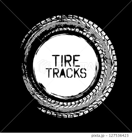 Grunge circle tire track, wheel braking mark. Truck, car or motorcycle tread pattern silhouettes. Auto race, motorsport, speed racing design element. Vector illustration Grunge circle tire track, wheel braking mark. Truck, car or motorcycle tread pattern silhouettes. Auto race, motorsport, speed racing design element. Vector illustration 127536423