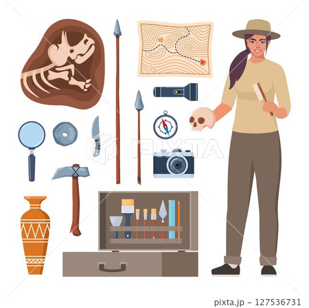 Archaeological tools, finds and archaeologist character. Brushes instruments for excavating historical treasures. Vector illustration. Archaeological tools, finds and archaeologist character. Brushes instruments for excavating historical treasures. Vector illustration. 127536731