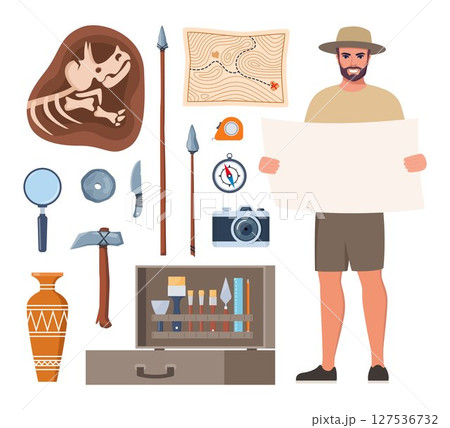 Archaeological tools, finds and archaeologist character. Brushes instruments for excavating historical treasures. Vector illustration. 127536732