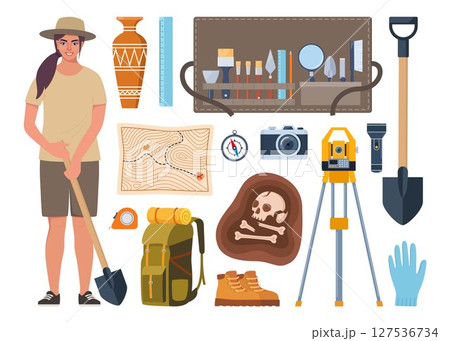 Archaeological tools, finds and archaeologist character. Brushes instruments for excavating historical treasures. Vector illustration. 127536734