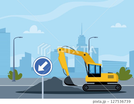 Road repair urban background with modern special machinery on blocked roadway. Heavy equipment for road construction on city background. Vector illustration. 127536739