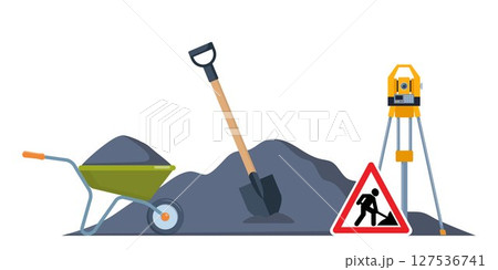 Road repair urban background with modern special machinery on blocked roadway. Heavy equipment for road construction on city background. Vector illustration. Road repair urban background with modern special machinery on blocked roadway. Heavy equipment for road construction on city background. Vector illustration. 127536741