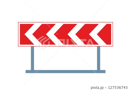Dangerous curve direction sign featuring a triangular shape with red border and chevron arrows, indicating the direction to follow in a curve or around roadwork areas. Vector illustration. 127536743