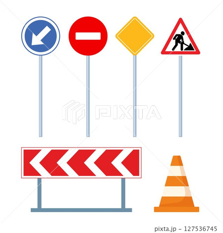 Road signs, set. Traffic signs on white background. Road traffic safety. Vector illustration. 127536745