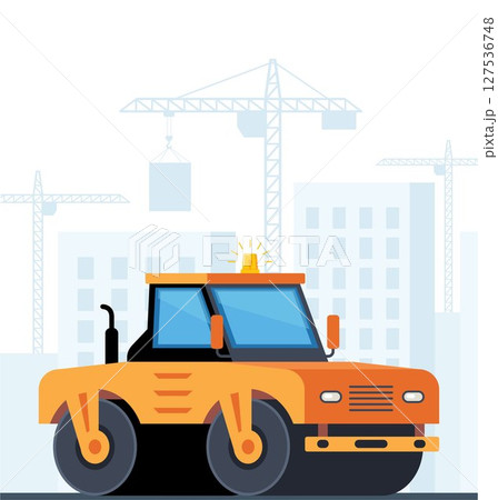 Yellow compactor, vibratory Road roller and asphalt paver, heavy equipment for road construction on city background. Vector illustration. Yellow compactor, vibratory Road roller and asphalt paver, heavy equipment for road construction on city background. Vector illustration. 127536748