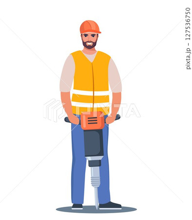 Construction worker stands with Jackhammer, ready to break ground. Smiling male character industrial worker or builder. Vector Illustration. 127536750