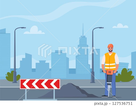 Road repair composition. Construction worker stands with Jackhammer, ready to break ground. Smiling male character industrial worker or builder. Vector illustration. 127536751