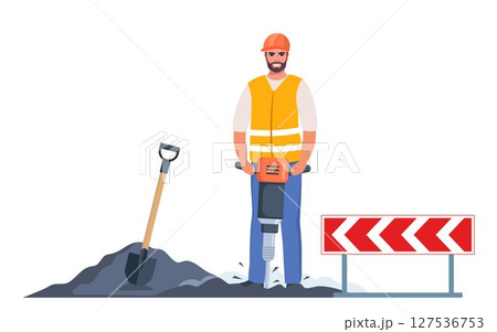 Road repair composition. Construction worker stands with Jackhammer, ready to break ground. Smiling male character industrial worker or builder. Vector illustration. Road repair composition. Construction worker stands with Jackhammer, ready to break ground. Smiling male character industrial worker or builder. Vector illustration. 127536753