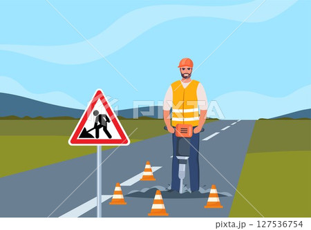 Road repair composition. Construction worker stands with Jackhammer, ready to break ground. Smiling male character industrial worker or builder. Vector illustration. 127536754