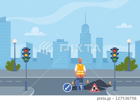 Road repair composition consisting of heavy equipment, road signs and people performing geodetic and road works. Vector illustration. Road repair composition consisting of heavy equipment, road signs and people performing geodetic and road works. Vector illustration. 127536756