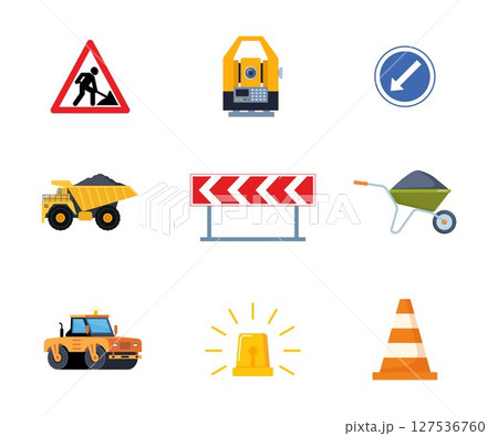 Road repair set. Tools and equipment for road works. Road signs, paver, road, restrictive cone, theodolite, excavator, trolley, shovel, asphalt. Vector illustrations. 127536760