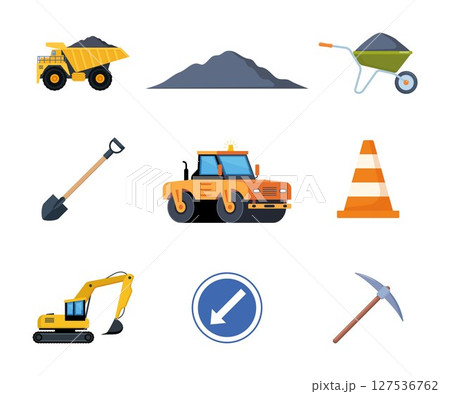 Road repair set. Tools and equipment for road works. Road signs, paver, road, restrictive cone, theodolite, excavator, trolley, shovel, asphalt. Vector illustrations. 127536762