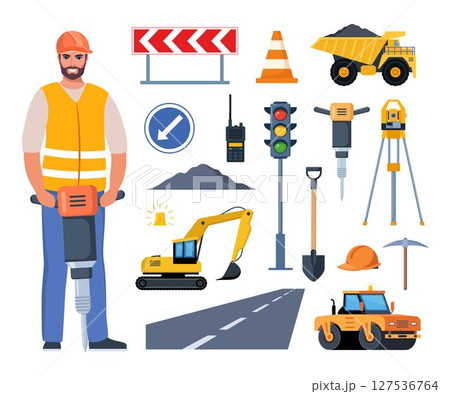 Road repair set. Tools and equipment for road works. Road signs, paver, road, restrictive cone, theodolite, excavator, trolley, shovel, asphalt. Road worker, engineer. Vector illustrations. Road repair set. Tools and equipment for road works. Road signs, paver, road, restrictive cone, theodolite, excavator, trolley, shovel, asphalt. Road worker, engineer. Vector illustrations. 127536764