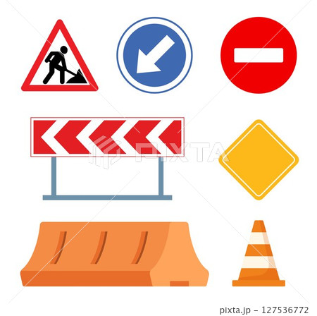 Road signs, set. Traffic signs on white background. Road traffic safety. Vector illustration. 127536772