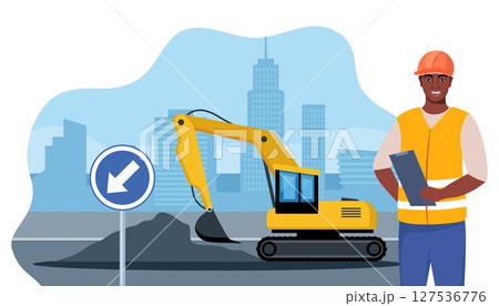 Road repair composition consisting of heavy equipment, road signs and people performing geodetic and road works. Vector illustration. 127536776