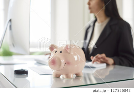 Piggy bank on office table, woman investing money, planning future, manage finances to save money Piggy bank on office table, woman investing money, planning future, manage finances to save money 127536842