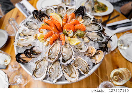 Seafood Platter with Oysters, Shrimp, Mussels, and Lemon Seafood Platter with Oysters, Shrimp, Mussels, and Lemon 127537150