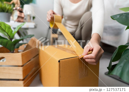 Organizing for a move. Woman sealing a cardboard box with tape in a well-decorated room. 127537171