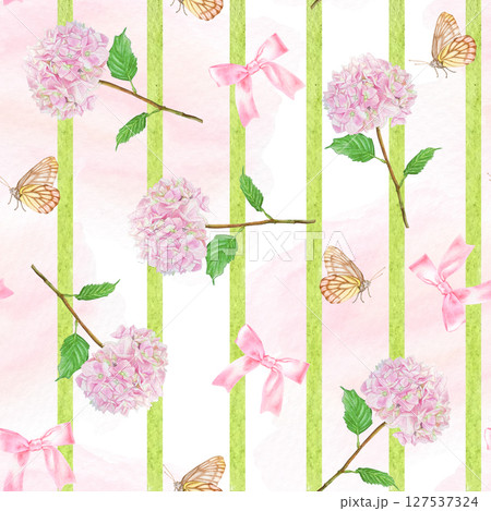 Striped seamless pattern of hand drawn watercolor pink hydrangea, pink bow, brown butterfly. Striped seamless pattern of hand drawn watercolor pink hydrangea, pink bow, brown butterfly. 127537324