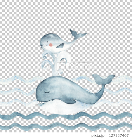 Blue whales family swimming in Ocean waves Seamless border pattern. Hand drawn illustration for kids wallpaper or nautical designs 127537407