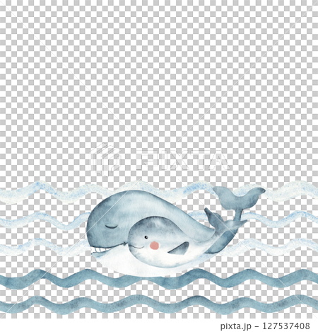 Marine kids seamless border pattern with blue Whales family, adult and child swimming in Ocean waves. Hand drawn illustration for kids wallpaper or nautical designs. Marine kids seamless border pattern with blue Whales family, adult and child swimming in Ocean waves. Hand drawn illustration for kids wallpaper or nautical designs. 127537408
