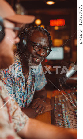 Engaging discussion between headset-wearing man and presenter during live show 127537671