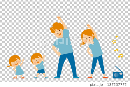 Illustration material of parents and children doing radio exercises 127537775