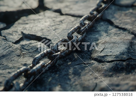 Rusty chain on cracked stone surface for rugged or industrial themes. Moody scene with texture for adventure or strength concepts. Perfect for nature or decay designs. Rusty chain on cracked stone surface for rugged or industrial themes. Moody scene with texture for adventure or strength concepts. Perfect for nature or decay designs. 127538018