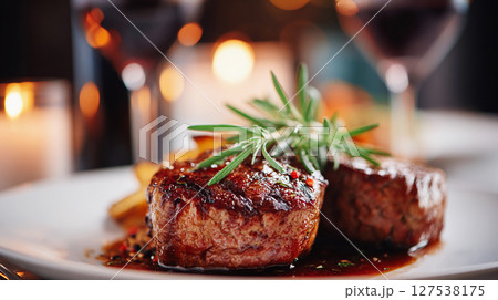Grilled steak with spices and garnish on a plate. Elegant serving of meat with rosemary in a restaurant 127538175
