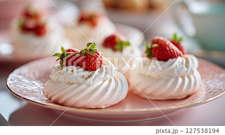 delicious whipped cream dessert meringue with strawberries 127538194