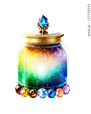 Luxurious multicolored glass jar with a gemstone design, set against a backdrop of sparkling jewels and soft lighting 127538345