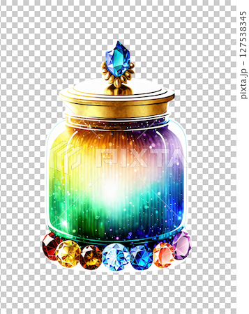 Luxurious multicolored glass jar with a gemstone design, set against a backdrop of sparkling jewels and soft lighting Luxurious multicolored glass jar with a gemstone design, set against a backdrop of sparkling jewels and soft lighting 127538345