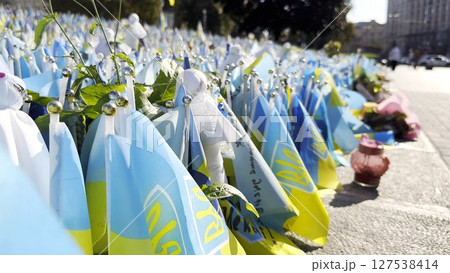 Many small blue-yellow flags with names of the dead war against russia. Memorial of the fallen soldiers, children, women in the capital of Ukraine. Concept of tragedy and misfortune. Close up 127538414