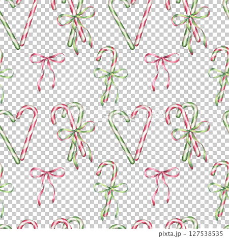 Watercolor Candy cane seamless pattern. Peppermint stick with red green ribbon and bow. Traditional treat for Christmas and New Year's Eve for kids. Hand drawn illustration isolated white background Watercolor Candy cane seamless pattern. Peppermint stick with red green ribbon and bow. Traditional treat for Christmas and New Year's Eve for kids. Hand drawn illustration isolated white background 127538535