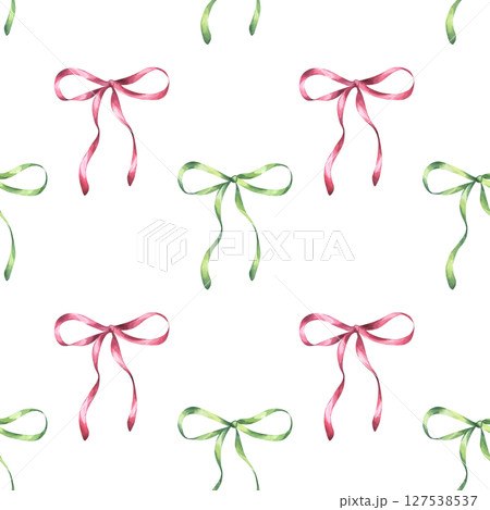 Watercolor green red bow seamless pattern. Decorative silk ribbon burgundy accessory for Christmas, girls hair, valentine's day. Hand drawn watercolor illustration isolated on white background Watercolor green red bow seamless pattern. Decorative silk ribbon burgundy accessory for Christmas, girls hair, valentine's day. Hand drawn watercolor illustration isolated on white background 127538537