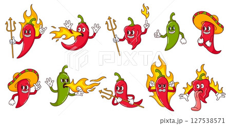 Evil hot pepper characters. Burning hot sauce mascots, flaming peppers, devil chili and Mexican villain. Fire breathing red dragon, spicy scorpion and tabasco retro 1930s vector set Evil hot pepper characters. Burning hot sauce mascots, flaming peppers, devil chili and Mexican villain. Fire breathing red dragon, spicy scorpion and tabasco retro 1930s vector set 127538571