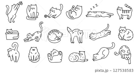 Doodle cats. Cute kitten, hand drawn linear cat characters in various poses sitting, sleeping, playing and jumping. Pet animal line art isolated vector illustration set Doodle cats. Cute kitten, hand drawn linear cat characters in various poses sitting, sleeping, playing and jumping. Pet animal line art isolated vector illustration set 127538583