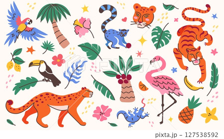 Tropical animals and plants doodles. Jungle wildlife cartoon tiger, leopard, parrot, toucan, flamingo and monkey, exotic palm trees, monstera leaves and flowers. Exotic vector illustration set Tropical animals and plants doodles. Jungle wildlife cartoon tiger, leopard, parrot, toucan, flamingo and monkey, exotic palm trees, monstera leaves and flowers. Exotic vector illustration set 127538592