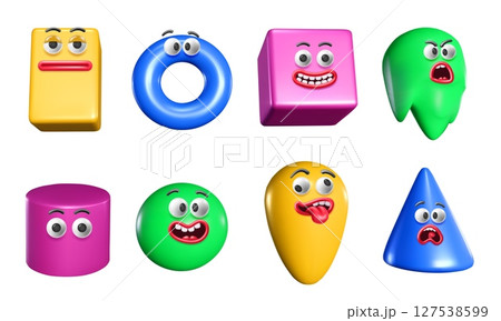Colorful plastic quirky 3D shapes. Abstract geometric figures with funny facial expressions. Playful goofy creatures character mascots isolated cartoon vector illustration set Colorful plastic quirky 3D shapes. Abstract geometric figures with funny facial expressions. Playful goofy creatures character mascots isolated cartoon vector illustration set 127538599